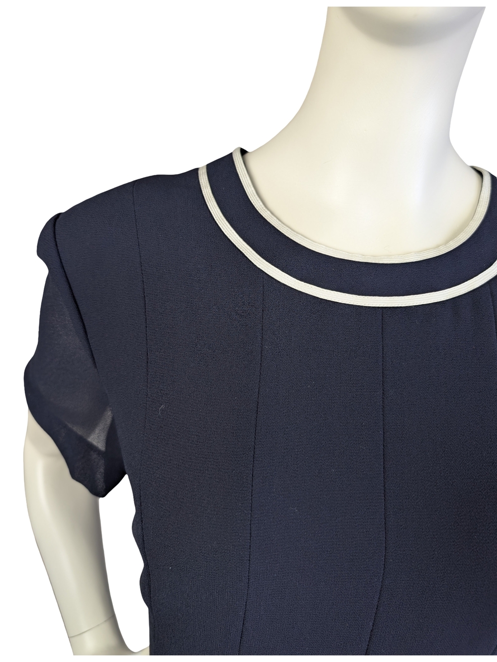 Vintage 90s Navy Pleated Dress Sheer Sleeves | Preppy Grunge Academia | Size 12 - Picture 7 of 10